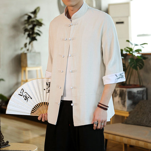 Camisa Hanfu Retro Estilo Chino con Cuello Mao y Manga 3/4 en Algodón y Lino - Image 5