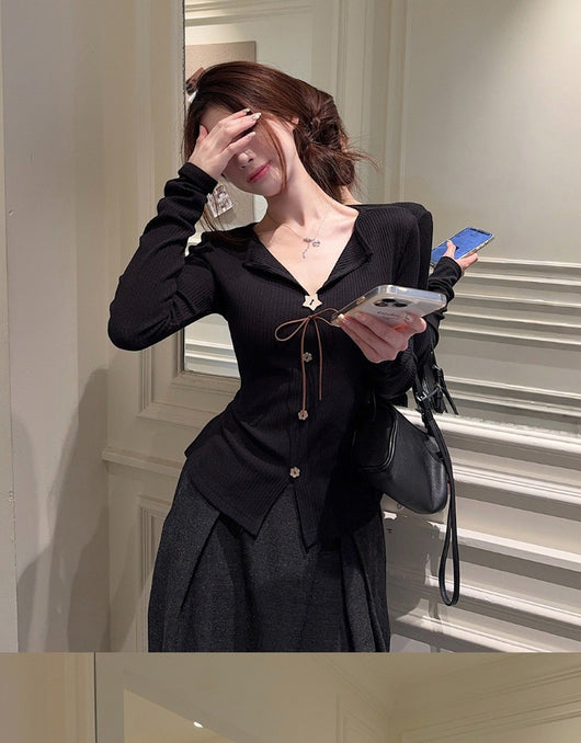 Blusa Elegante Francesa Cuello V Manga Larga Ajustada con Botones - Image 12