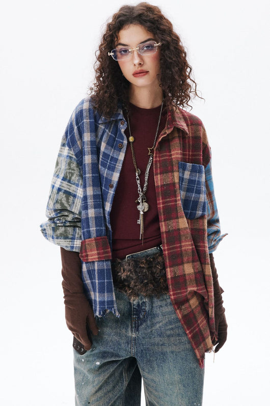 Camisa de Manga Larga Estilo Retro Americano con Diseño de Cuadros y Costuras - Image 26