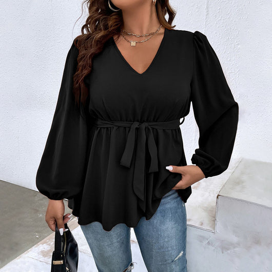 Blusa Slim con Cuello V y Mangas Farol para Mujer
