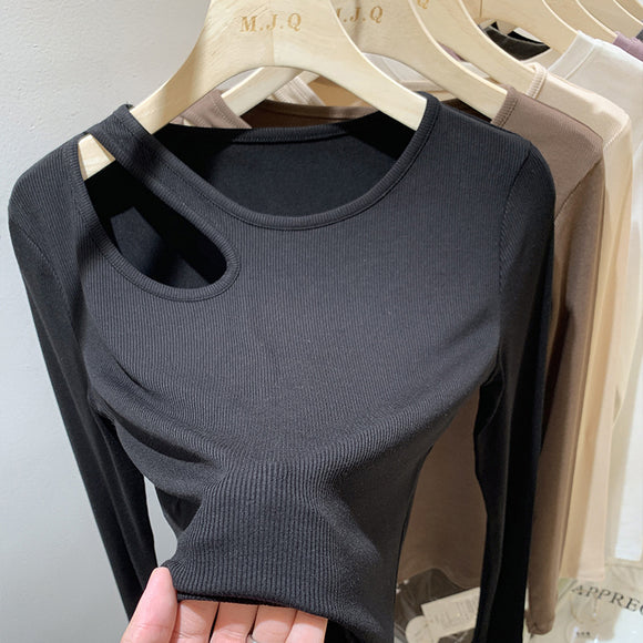 Blusa Hueca Manga Larga Cuello Redondo para Mujer