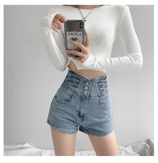 Short Denim Cintura Alta Tejido Cruzado Control de Abdomen para Mujer - Image 11
