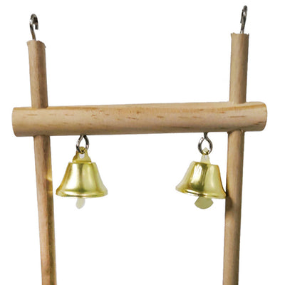 Natural solid wood bird stand with two golden bells, featuring a horizontal perch and two vertical supports. - Image 7