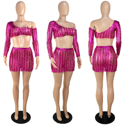 Black net hole hollow-out two-piece set with one-shoulder long-sleeve crop top and matching mini skirt. - Image 15