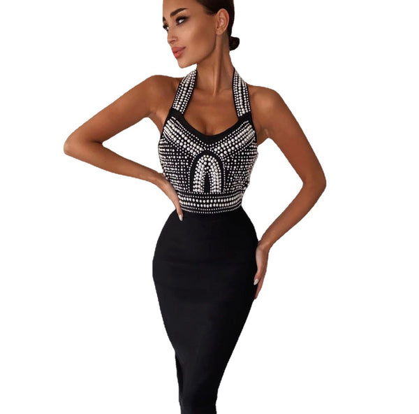 Vestido Ajustado sin Mangas con Detalles de Diamantes