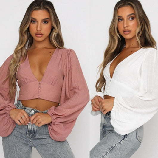 Blusa Elegante Escote en V con Mangas Linterna y Cintura Alta