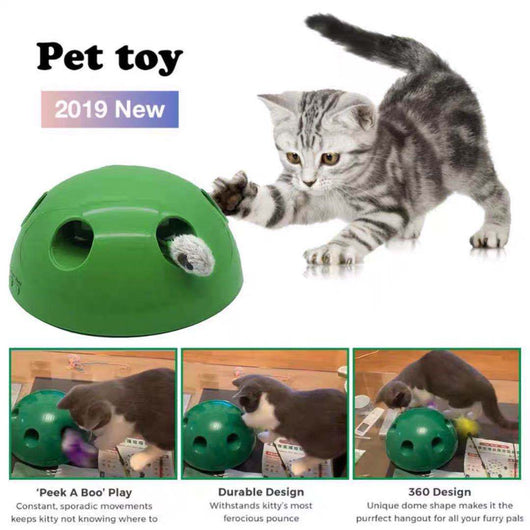 Green Pop 'n Play interactive cat toy with motorized peek-a-boo mouse, packaging, and instructions. - Image 8