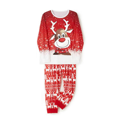Family of four wearing matching red Christmas pajamas with reindeer and snowflake patterns and red pom-pom beanies. - Image 6