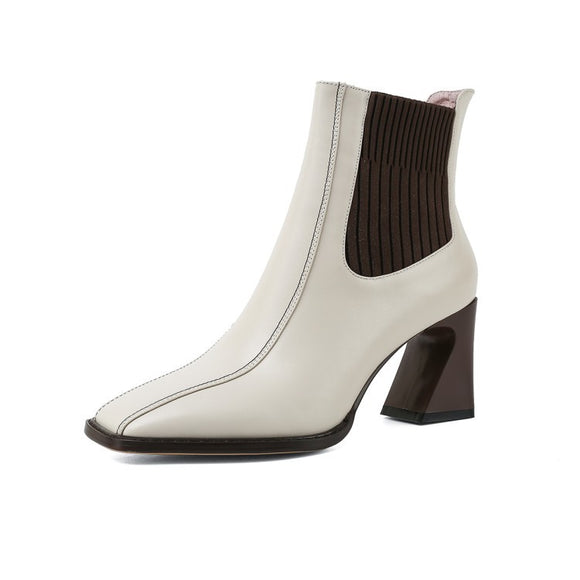 Botas Tejidas Elásticas Punta Cuadrada Tacón Alto