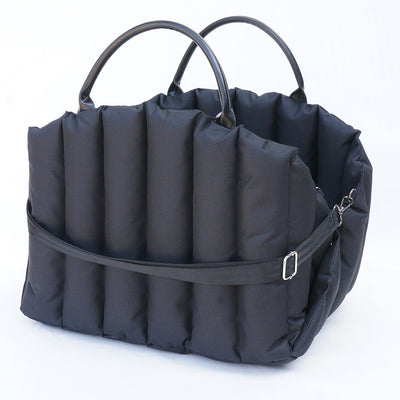 Light khaki quilted portable pet carrier with brown handles and a cream shoulder strap for car travel. - Image 8