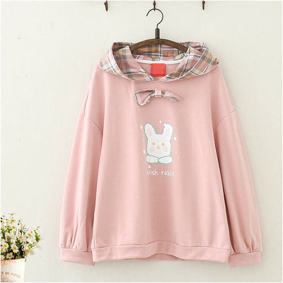 Blusa Universitaria Estilo Soft Girl con Estampado de Conejo y Moño