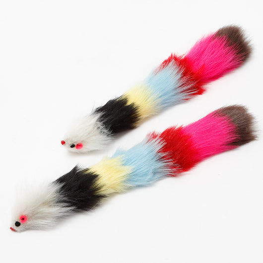 Two colorful plush mouse pet toys with segmented bodies in white, black, yellow, blue, red, and pink, on a white background. - Image 3
