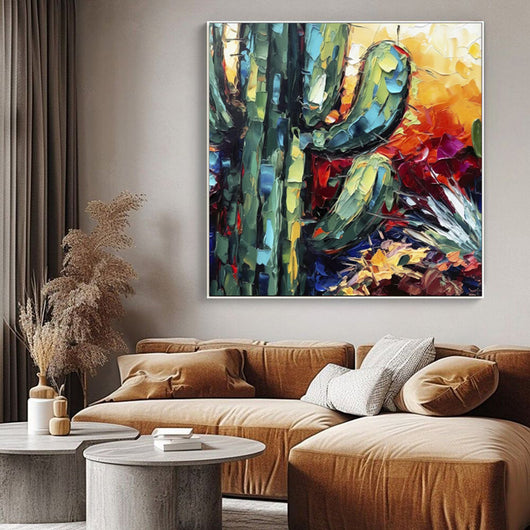 Cuadro de Arte Óleo Hecho a Mano - Flores y Cactus con Técnica Espátula - Image 8