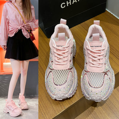 Zapatillas Deportivas Plataforma Gruesa para Mujer con Brillo y Cristales - Amarillo Claro - Image 4