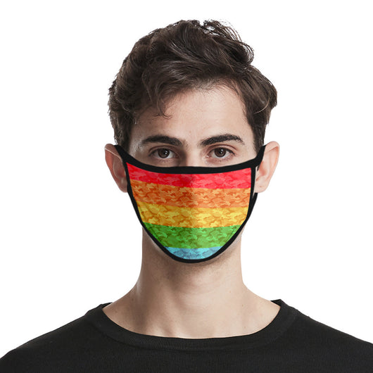 Rainbow camouflage face mask with horizontal stripes of red, orange, yellow, green, and blue, bordered by black fabric. - Image 24