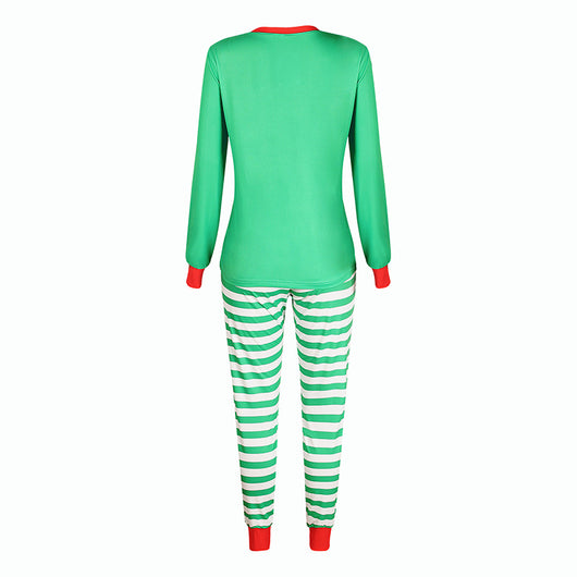 Three matching green elf-themed pajama sets for Dad, Mom, and Kid, featuring striped pants and long-sleeved tops. - Image 3
