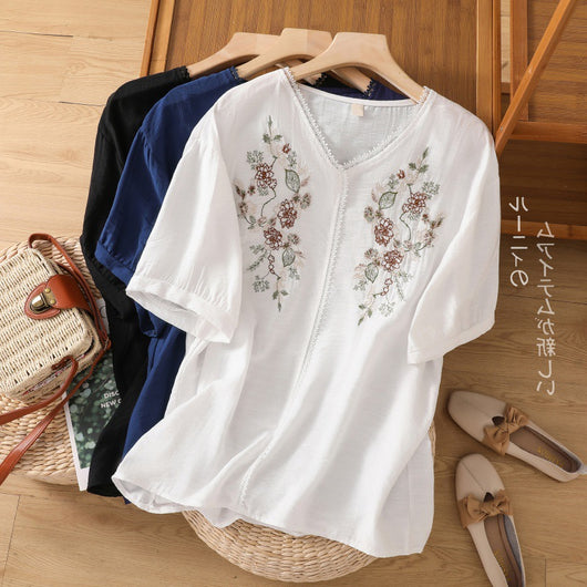 Blusa Suelta de Algodón y Lino con Escote V y Manga Corta para Mujer