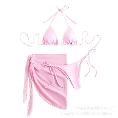 Neon yellow three-piece bikini set with triangle cup lace-up top, tie-side bottom, and matching sarong, displayed with a straw hat and sunglasses. - Image 6