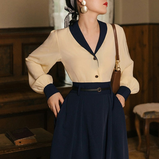 Conjunto Elegante Retro: Blusa de Temperamento y Falda Azul Marino - Image 5