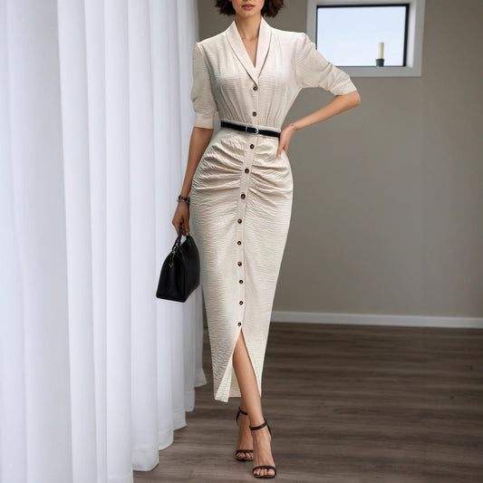Vestido Camisero Plisado con Cinturón - Manga Corta