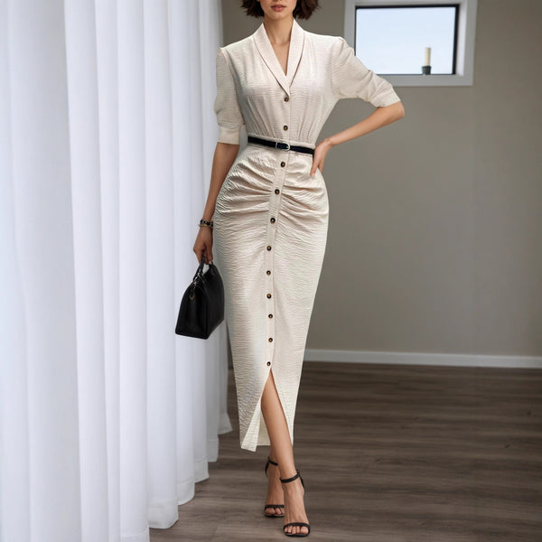 Vestido Camisero Plisado con Cinturón - Manga Corta