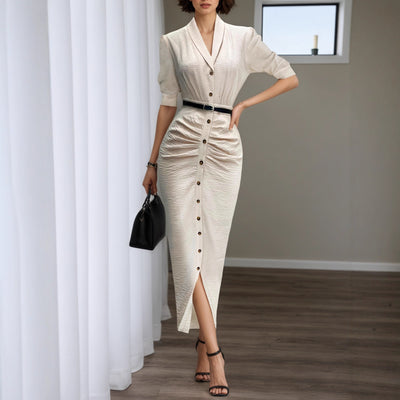 Vestido Camisero Plisado con Cinturón - Manga Corta