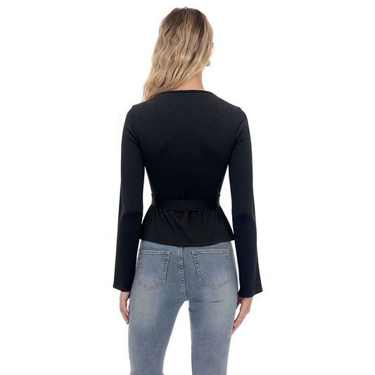 Suéter Tejido Negro Cuello V Manga Larga con Cintura Ajustada Diseño Francés - Image 2