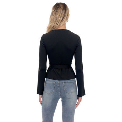 Suéter Tejido Negro Cuello V Manga Larga con Cintura Ajustada Diseño Francés - Image 2