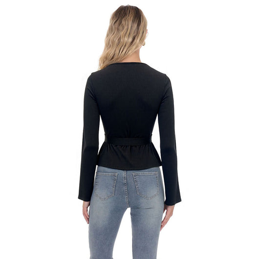 Suéter Tejido Negro Cuello V Manga Larga con Cintura Ajustada Diseño Francés - Image 2