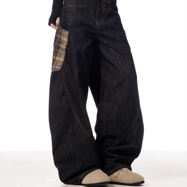 Pantalones Rectos Anchos con Costuras Cuadros Retro para Mujer