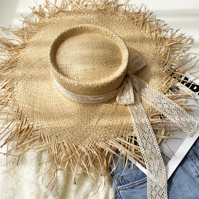 Sombrero Grande de Rafia Tejido a Mano con Borde Deshilachado para Verano - Image 14