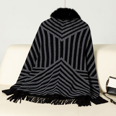 Poncho Tejido de Rayas Otoño Invierno con Flecos Elegante - Image 19