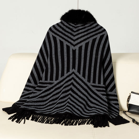 Poncho Tejido de Rayas Otoño Invierno con Flecos Elegante - Image 19