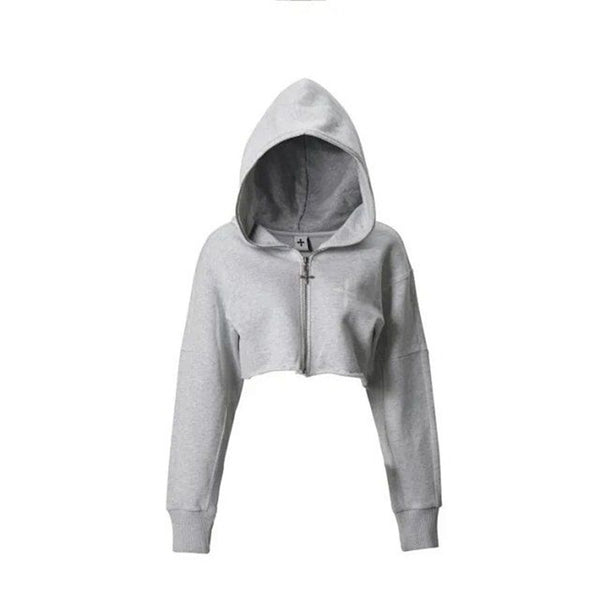 Chaqueta Hoodie Cropped Suelta con Cierre y Manga Larga