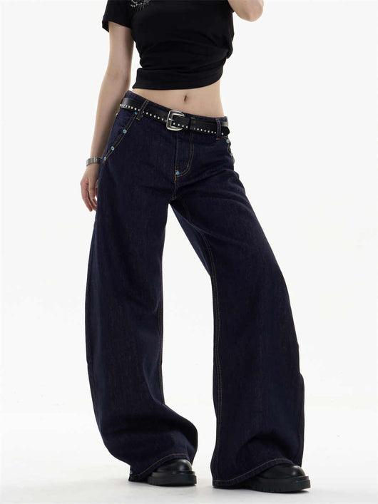 Pantalones Jeans Azul Oscuro Retro Corte Recto Ancho Casual - Image 3