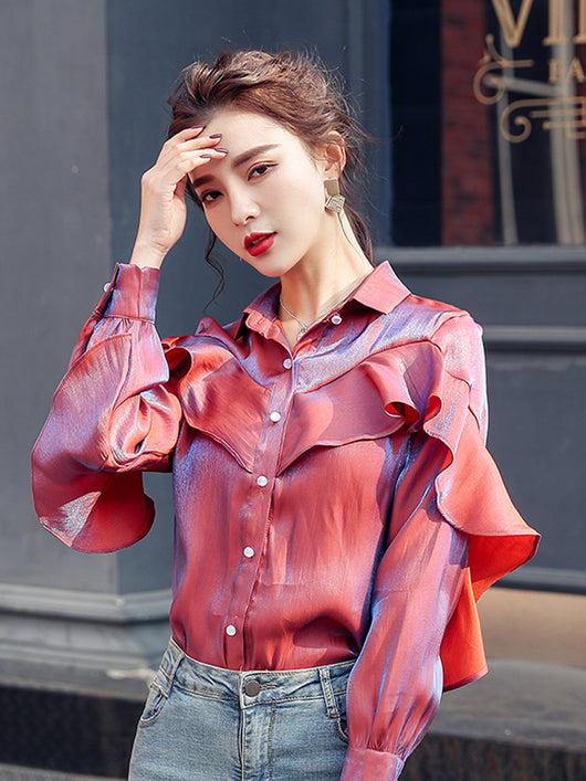 Blusa Retro con Volantes Polarizados de Diseño Exclusivo para Mujer - Image 4
