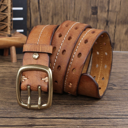 Cinturón de Cuero Premium con Hebilla Brass Retro y Costura Doble Aguja para Hombre - Image 10