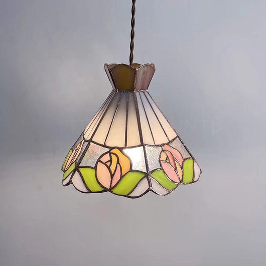 Lámpara de Araña Vintage Rosa con Vitral Estilo Francés Retro
