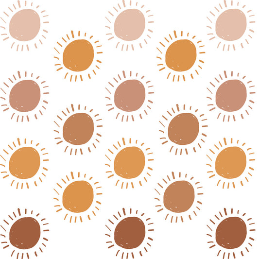 Three sheets of cartoon sun wall stickers, each with six sun designs in shades of brown and orange, showing dimensions. - Image 2