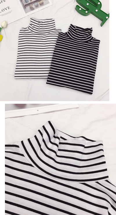Camiseta de Cuello Alto a Rayas Estilo Coreano - Básico Versátil para Estudiantes - Image 8
