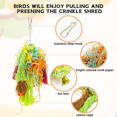 5-piece colorful parrot gnawing toy set with braided cotton ropes, wooden beads, shredded paper, and a bell. - Image 5
