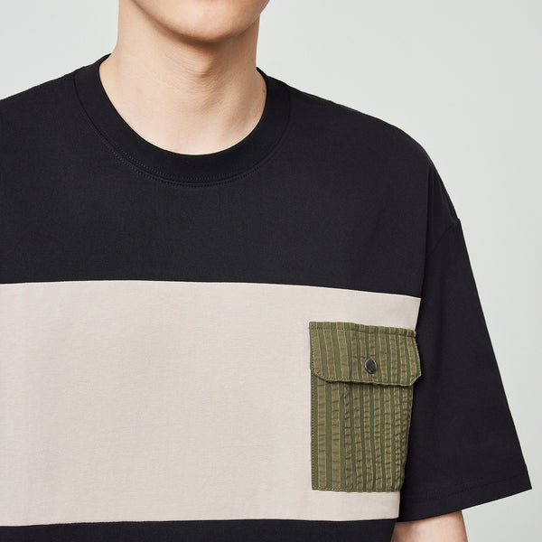 Camiseta de Algodón Peinado con Contraste de Patchwork