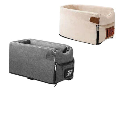 Gray portable car kennel for small dogs with black handles, featuring a side pocket and visible dimensions. - Image 5