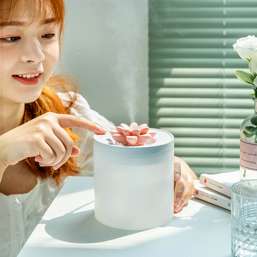 White cylindrical ultrasonic humidifier with a pink lotus flower on top, powered by USB for aromatherapy. - Image 8
