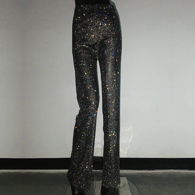 Pantalones Anchos de Tiro Alto con Detalles de Strass y Malla - Image 6