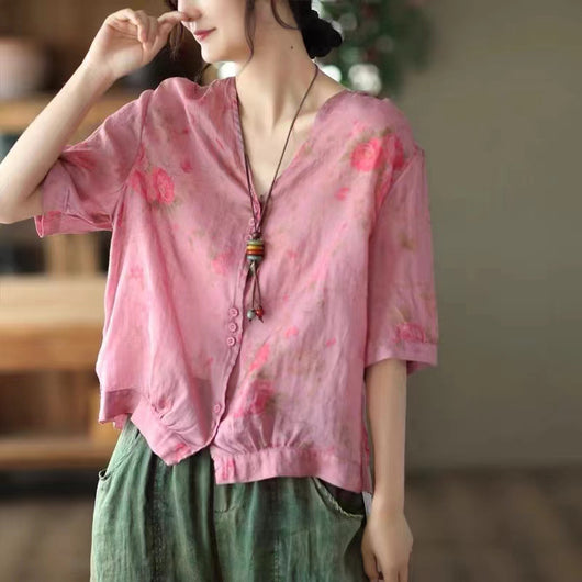 Blusa Casual Plus Size con Escote en V y Costuras Artísticas en Ramio