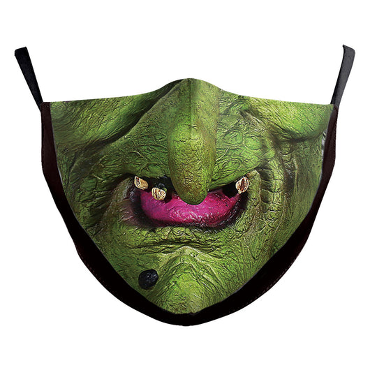 Blue face mask with a printed design of a face featuring red lips and a dark blue nose, with black ear loops. - Image 22