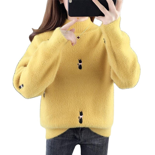 Suéter Cuello Alto Medio de Terciopelo Visón - Top Suelto Bordado para Mujer - Image 6