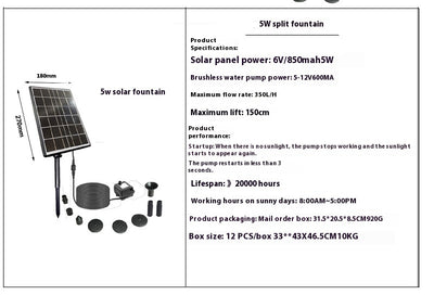 5W solar fountain kit with black solar panel on a ground stake, water pump, coiled hose, and various nozzles. - Image 23