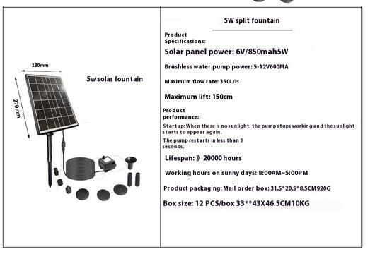 5W solar fountain kit with black solar panel on a ground stake, water pump, coiled hose, and various nozzles. - Image 23
